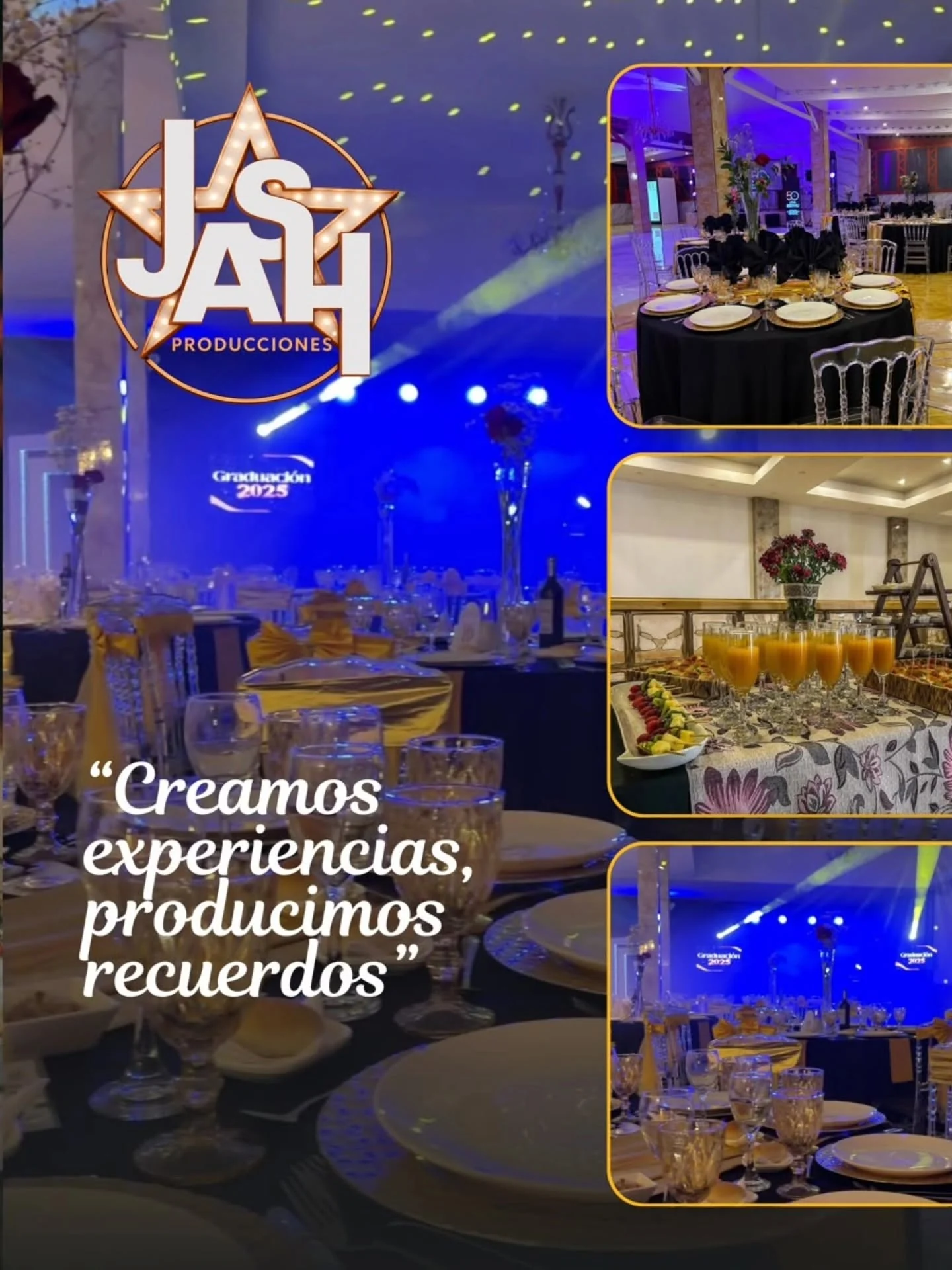 Montaje de salón con mesas, banquetería e iluminación de evento