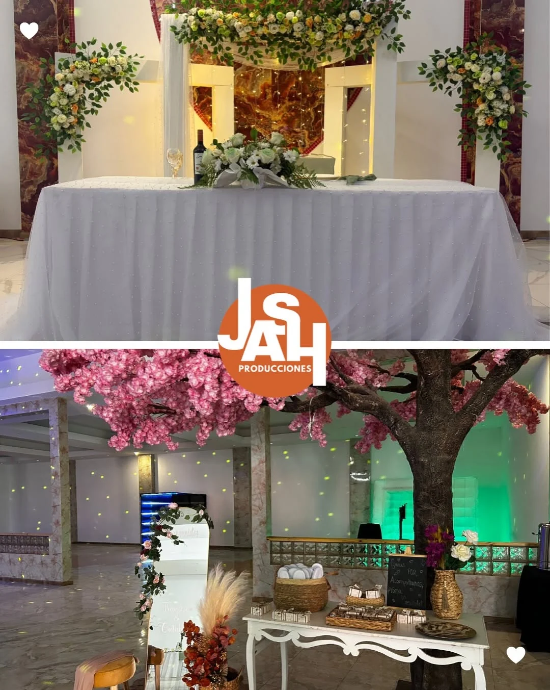 Montaje floral de mesa principal y recepción de invitados